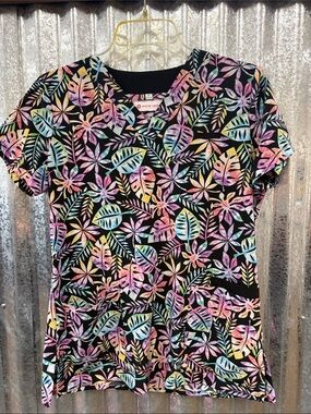 White Cross V-Neck Scrub Top Black Tropical Multicolor Leaf
